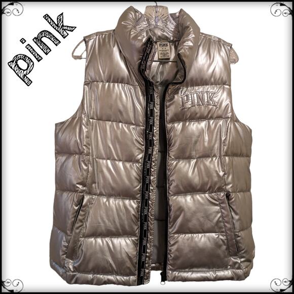 PINK Victoria's Secret Zip Up Puffer Vest Love Pink Silver Metallic Women's M - Picture 2 of 11